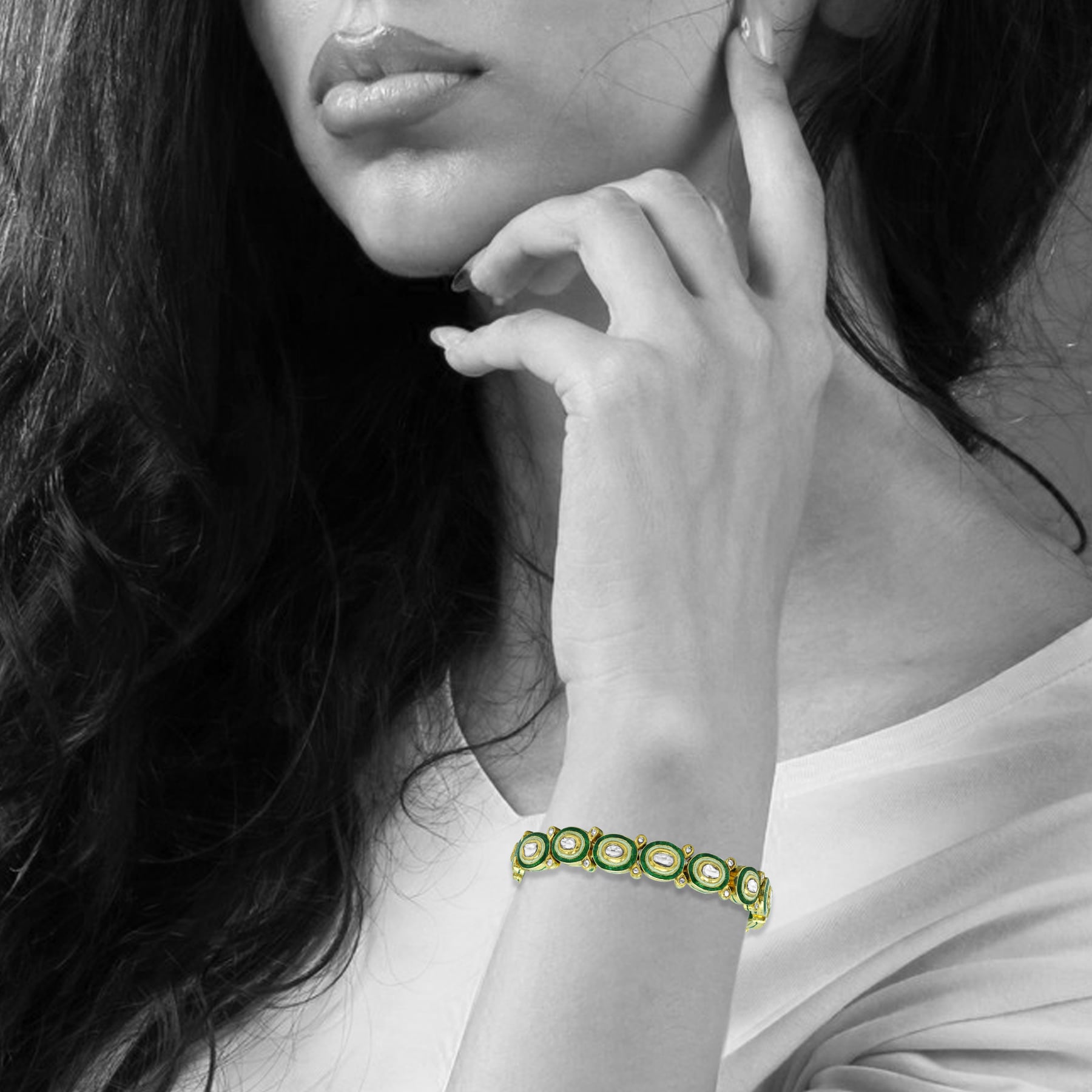 Polki Diamond Bracelet with Oval Green Enamel